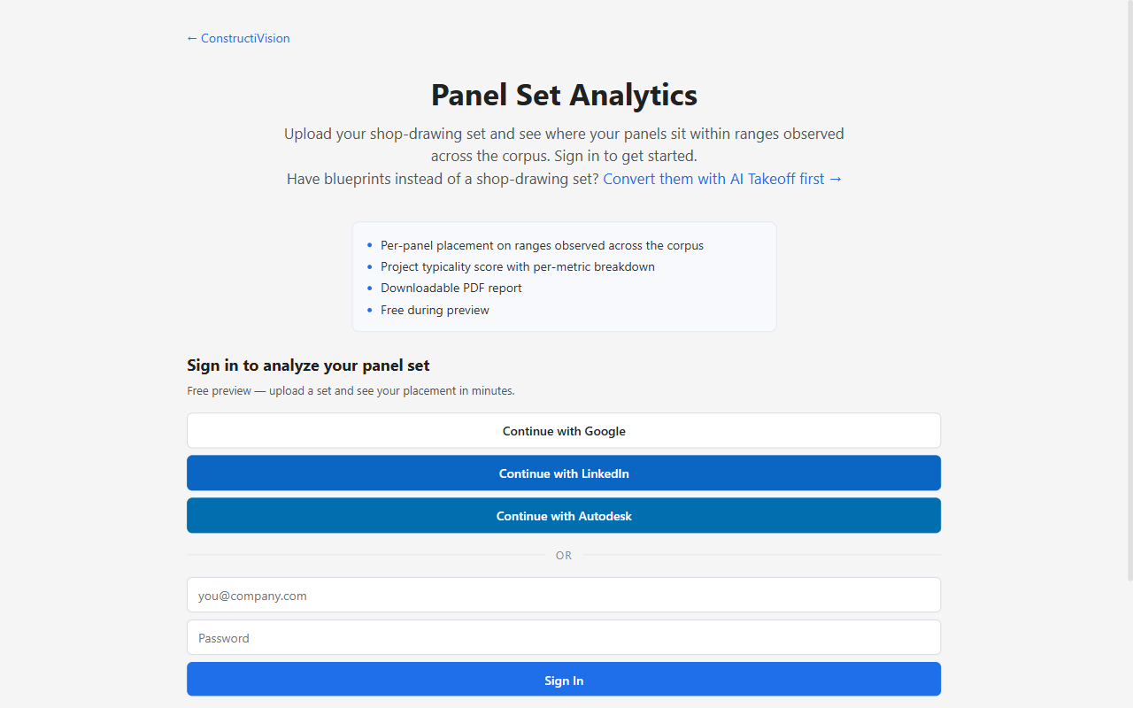 The Panel Set Analytics landing page in cv-web before signing in, listing what the analysis produces and offering Google, LinkedIn, Autodesk, or email sign-in